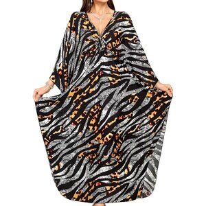Women's Black and Grey Zebra V-Neck Batwing Sleeves Summer Cover Up Kaftan Dress